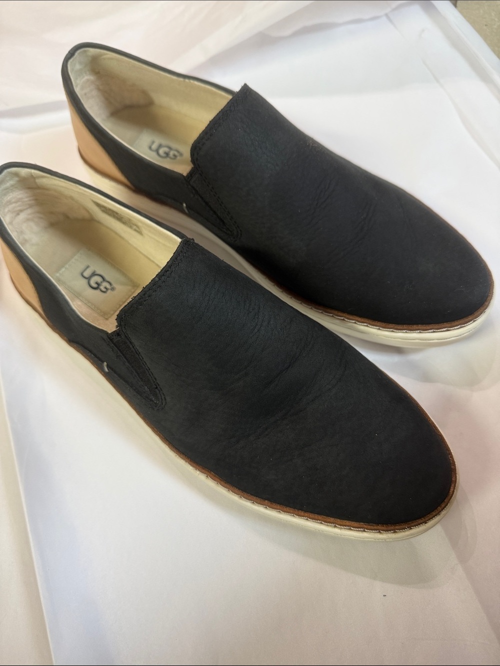 UGG Men's Black Slip-On Loafers with Tan Heel Accent